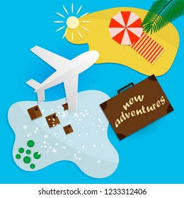 Trips to warm destinations for the holidays by  plane. Vector illustration