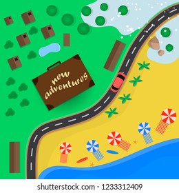 Trips to warm destinations for the holidays by car. Vector illustration