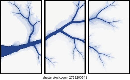 Triptych art featuring blue branches on white background
