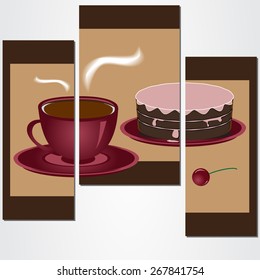 Triptych artwork with conception of the relaxation with piece of cake and a cup of coffee. 