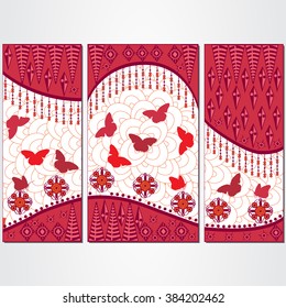 Triptych artwork with decorative elements in zentangle style. Red theme