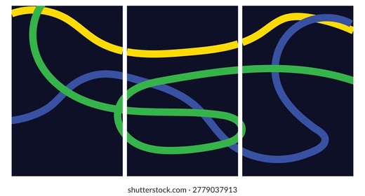 A triptych artwork featuring colorful, interconnected lines in yellow, green, and blue hues on a dark blue background