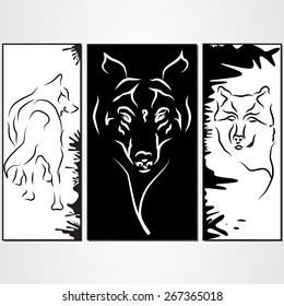 Triptych artwork with silhouettes of the wolfs.