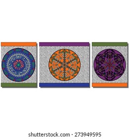 Triptych artwork of three round ornaments in color.