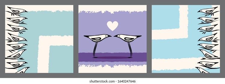 Triptych with birds. Doodle hand drawn birds. Vector illustration. Element for design. Interior posters. Home decor of the walls. 