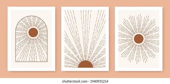 Triptych-Boho-Sonne, minimalistische Mitte des Jahrhunderts moderne Kunst