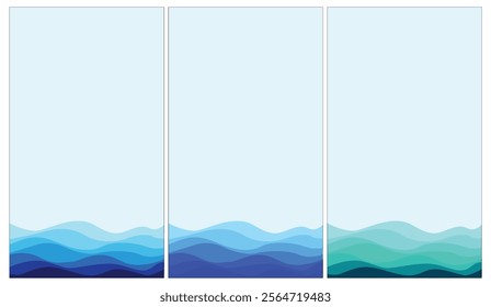 A triptych of calming ocean-inspired abstract artwork featuring layered wavy gradients transitioning from deep blue to soft aqua tones. Perfect for modern decor and nature themes