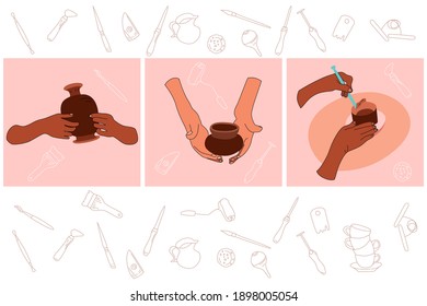 Triptych with clay crafting and ceramics production. Hands is making vase or modeling sculpture on pottery wheel. Doodle style pattern on background. Workshop banner for studio. Handiwork or hobby.
