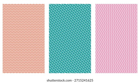 Un tríptico de patrones geométricos coloridos con fondos de coral, verde azulado y rosa adornados con delgadas líneas blancas en zigzag, creando un diseño visualmente atractivo y versátil para varios