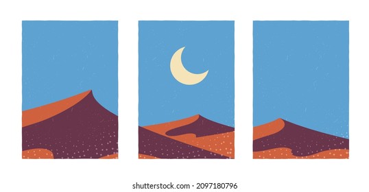 Triptych. Desert landscape. Sand dunes and the moon on the horizon. Vector illustration of nature.