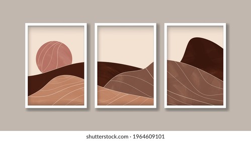 Paisaje desértico tríptico con sol en tonos tierra al estilo boho. Concepto de arte abstracto moderno y de moda. Ilustración del fondo del vector. Para imprimir, afiche y producto de arte.