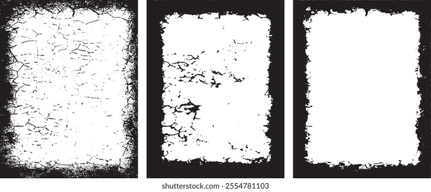 Triptych of Distressed Grunge Photo Frames with Cracked and Weathered Textures for Artistic and Edgy Visual Displays