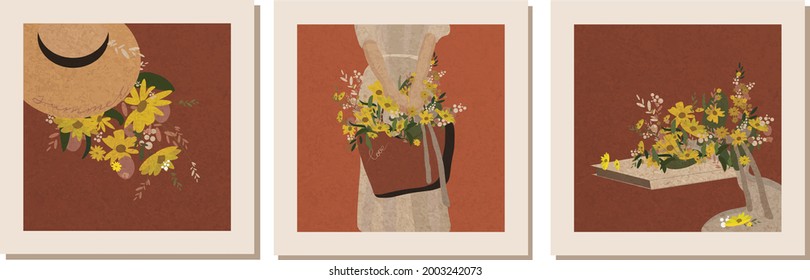 Triptych. Grabados de estilo vintage. Muchacha abstracta con una bolsa de flores amarillas. Flores bajo el sombrero. El ramo está en el libro. Impresiones para el interior de la sala de estar, oficina.