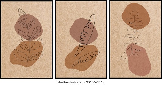 Triptych. Grabados de estilo vintage. Resumen de hojas tropicales con efecto de papel. El contorno de una rama y hojas de palmera se mezcla con tonos ocres. Impresiones para el interior de la sala de estar,