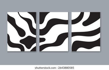 Um tríptico com um padrão repetitivo de linhas onduladas pretas e brancas. Cada painel exibe um design semelhante, criando um efeito visual coeso.