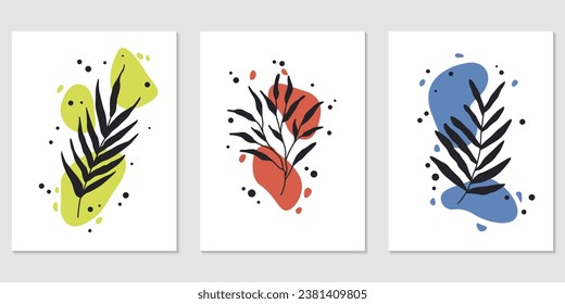 Triptych of foliage, abstraction, bright color against the background, silhouette of exotic castings. Leaves and branch on an abstract background. A set of three paintings.