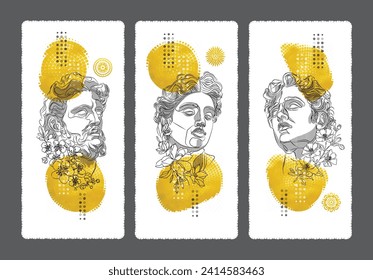 Triptych of hand-drawn vector art featuring imagined figures in continuous line technique, blending historical imagery with floral elements for a modern artistic expression.