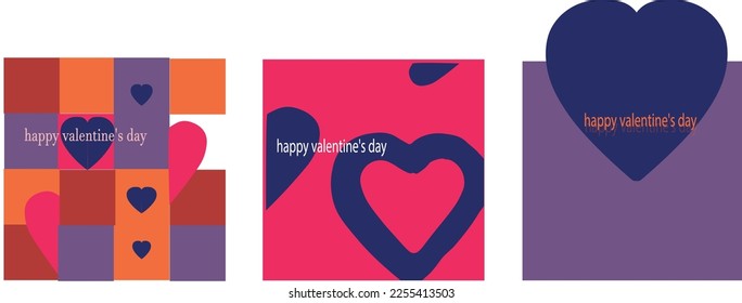 Triptych illustration, vector set of three postcards, Valentine's Day