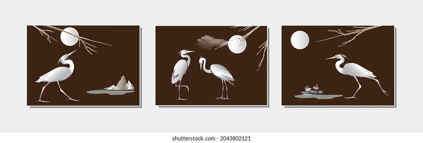 Triptych landscape modular paintings with standing, walking and running herons (storks, cranes), lake, mountains, sun and clouds. Vector illustration on a black background for wall design, other.