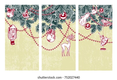 triptych set vector card christmas sketch nutcracker ballerina