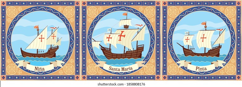 Triptych ships of Columbus. Santa Maria, Pinta and Ninha sail to America svg