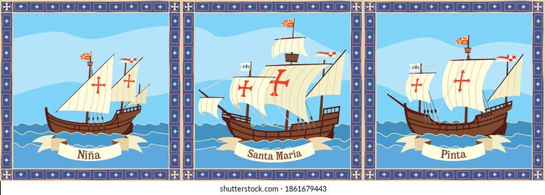 Triptych ships of Columbus. Santa Maria, Pinta and Ninha float on the ocean. svg
