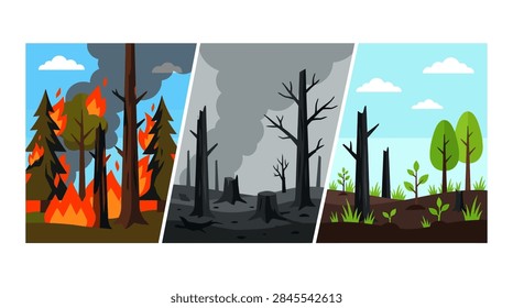 A triptych showing forest fire devastation, aftermath, and ecological regrowth.