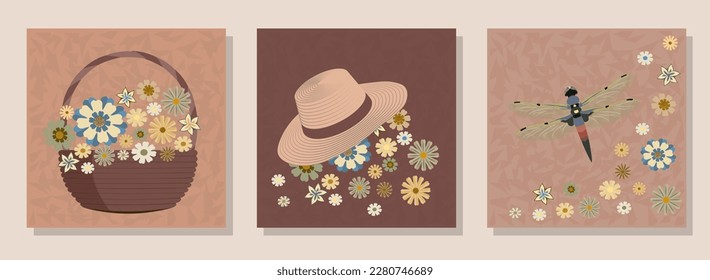 Triptych. Flores simples, canasta, sombrero de paja, libélula, fondo marrón y beige. Ilustración del vector