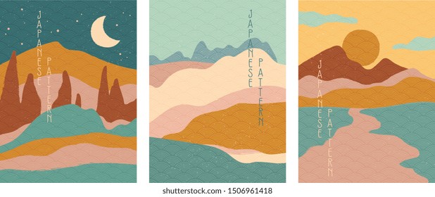 Triptych Of Simple Stylised Minimalist Japanese Landscapes In Muted Colors, Abstract Elements. Vector Illustration