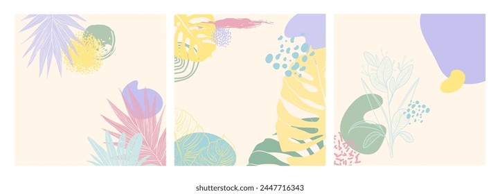 Un tríptico de suaves fondos pastel con diseños de flora tropical, que transmite una estética cálida y moderna de verano