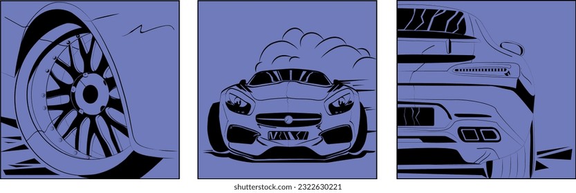 triptych with a sports car in different angles, for interior, t-shirts, sweatshirts