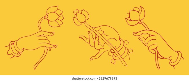 A triptych of stylized red line art illustrations on a solid yellow background, showing three different poses of Buddha's hands holding lotus flowers.