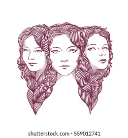 Triptych. Triple portrait of young pretty girlfriends isolated on a white background. Beautiful ladies woven with long curly hair. Vector illustration in line style for your design and prints. 