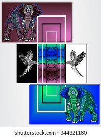 Triptych with two colorful elephants and black and white parrots on abstract backgrounds