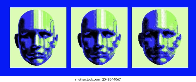 Triptych vector illustration featuring a digitally fragmented human face in neon green and blue tones. Each panel highlights glitch effects, symbolizing technology, identity, and digital evolution.