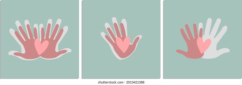 triptych "you and me".  schematic image of male and female palms.  together forever.  vector.