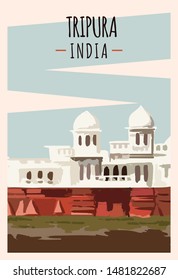 Tripura retro poster. Tripura travel illustration, Neermahal Palace. States of India greeting card. 