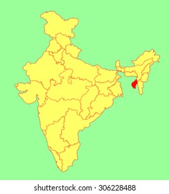 Tripura state, India, vector map silhouette illustration isolated on India map. Editable blank vector map of India.
