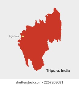 Tripura state map with capital Agartala marked on isolated plain background. Tripura, India vector, illustration map.