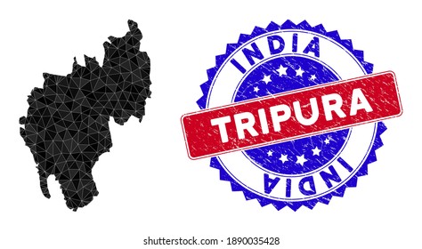 Tripura State map polygonal mesh with filled triangles, and unclean bicolor stamp seal. Triangle mosaic Tripura State map with triangular vector model, triangles have different sizes, and positions,