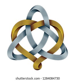 Triquetra celtic knot with heart sign made of intertwined golden and silver mobius strips. Harmonic love symbol. Vector illustration isolated on white background.