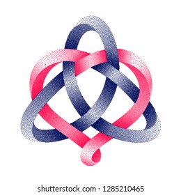 Triquetra celtic knot with heart sign made of intertwined stippled mobius strips.. Harmonic love symbol. Vector illustration isolated on a white background.