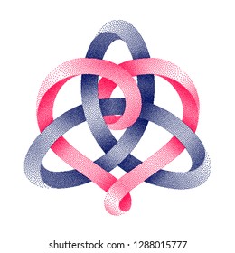 Triquetra celtic knot with heart sign made of intertwined stippled mobius strips.. Unity in love symbol. Vector illustration isolated on a white background.