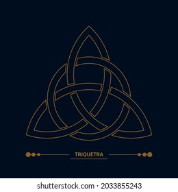 Triquetra, celtic knot sign. Scandinavian protective amulet. Line art, art deco color. Esoteric, sacred geometry, witchcraft.  Vector golden illustration isolated on black background