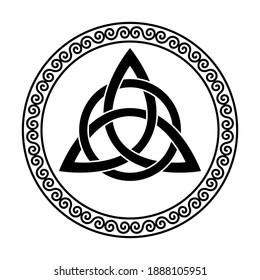 Triquetra with circle within a circular spiral frame. Celtic knot, a triangular figure, used in ancient Christian ornamentation, surrounded by a border, made of double spirals. Illustration. Vector.