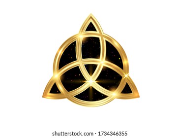 Triquetra geometric logo, Gold Trinity Knot, Wiccan symbol for protection. Vector golden Celtic trinity knot set isolated on white background. Wiccan divination symbol, ancient occult sign