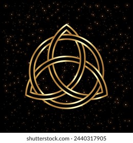 Logotipo geométrico Triquetra, Nudo de la Trinidad de Oro, símbolo de Wiccan para protección. Vector dorado nudo celta aislado en negro noche fondo estrellado. Símbolo de adivinación wicca, antiguo signo oculto