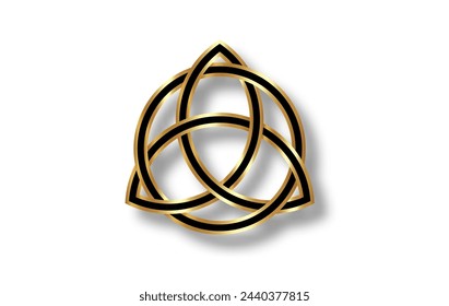 Logotipo geométrico Triquetra, Nudo de la Trinidad de Oro, símbolo de Wiccan para protección. Vector nudo celta dorado y negro aislado sobre fondo blanco. Símbolo de adivinación wicca, antiguo signo oculto