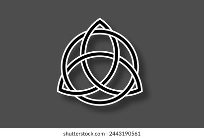 Triquetra geometric logo, Trinity Knot, Wiccan symbol for protection. Vector black and white Celtic knot isolated on gray background. Wicca divination symbol, ancient occult sign