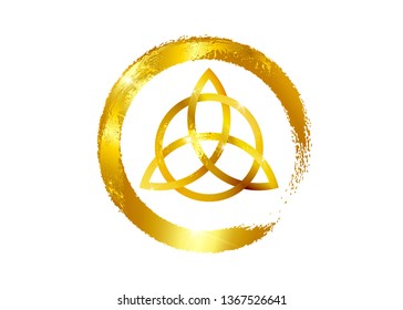 Triquetra, Gold Trinity Knot, Wiccan symbol for protection. Vector gold leaf Celtic trinity knot set isolated on white background. Golden Wiccan divination symbol, logo Ancient occult symbols